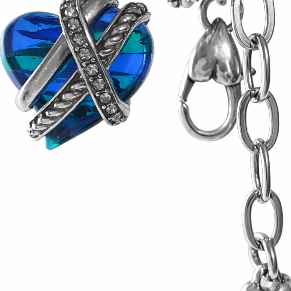 Brighton Silver Tone Triple Chain Bracelet Blue Green Heart Charm - Picture 2 of 8